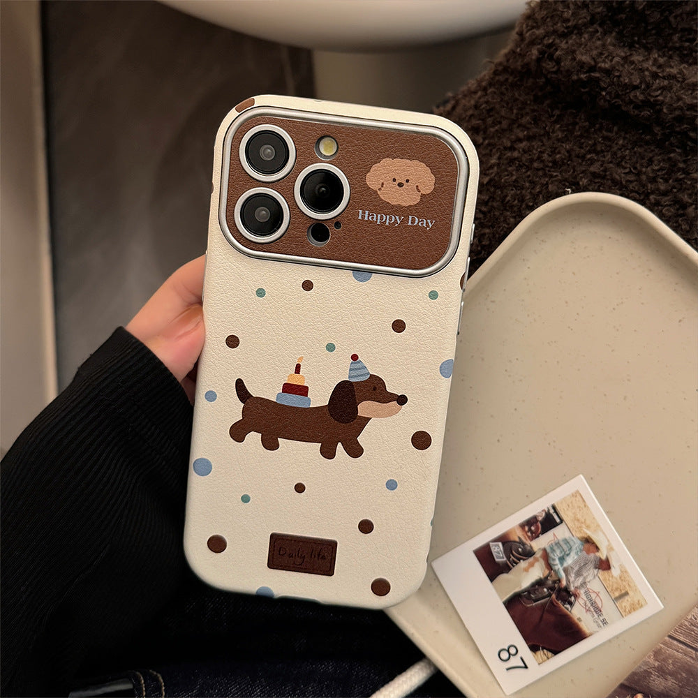 Funda de piel ins dachshund para iPhone 16 Pro Max 15 Apple 17 con correa de mano retro y cubierta blanda