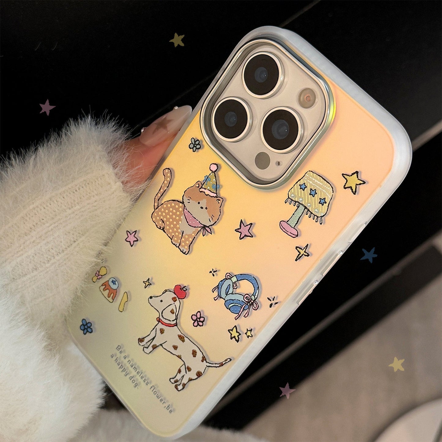 Funda de teléfono móvil dorada con estampado de mascota linda para iPhone 17, 16 láser, 15 Promax, 14 de dibujos animados, 11 galvanizada