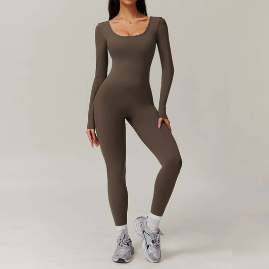 Long Sleeve Yoga Jumpsuit Back Pockets Scrunch bottom Backless