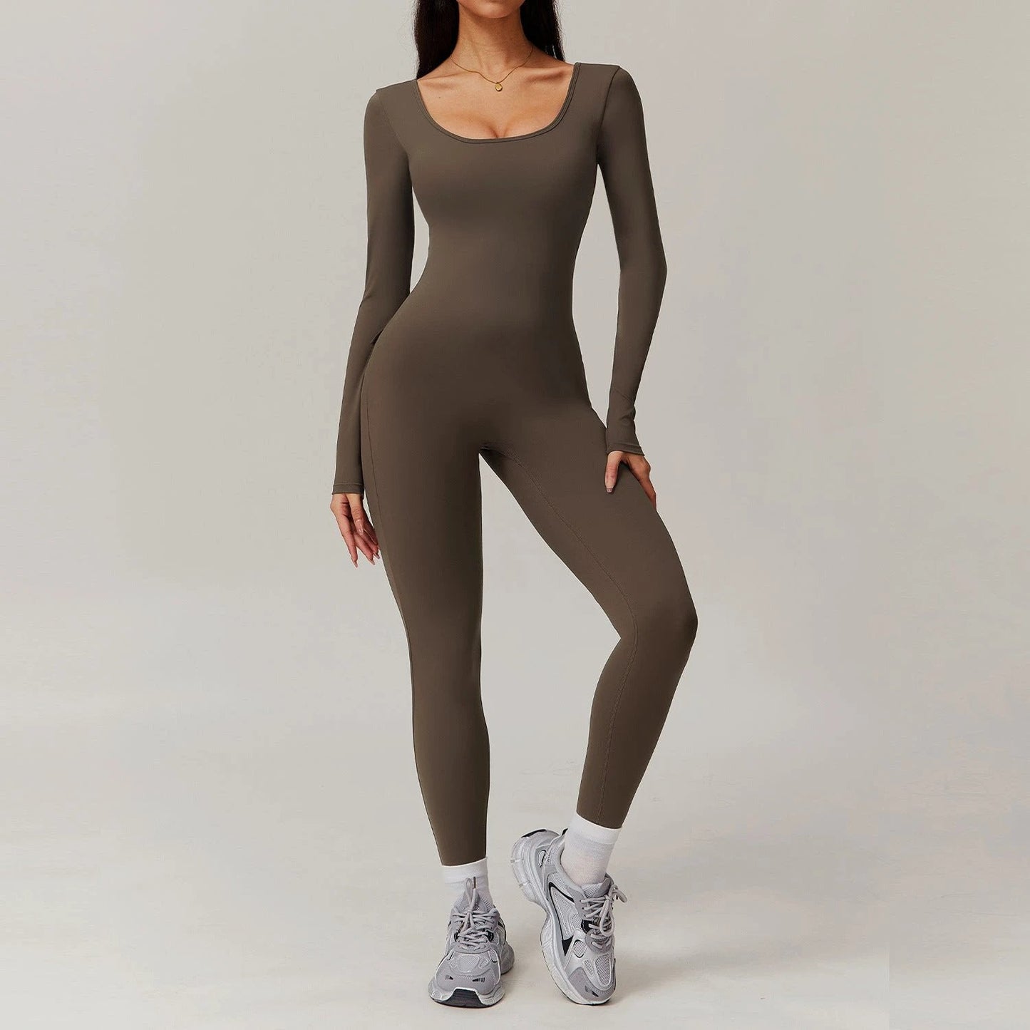 Long Sleeve Yoga Jumpsuit Back Pockets Scrunch bottom Backless
