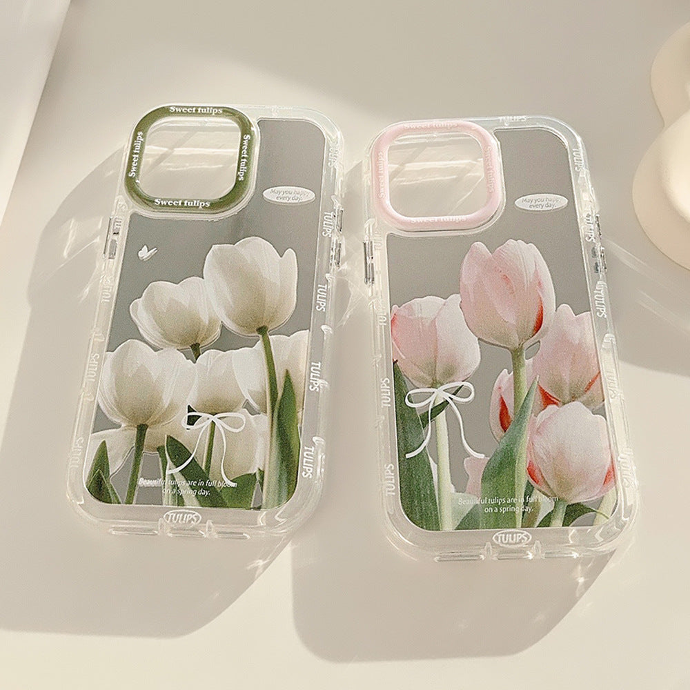 Espejo adecuado para funda de móvil Apple 15 16ProMax iPhone17 tulipán rosa y blanco 12 pequeño fresco 11 anticaída