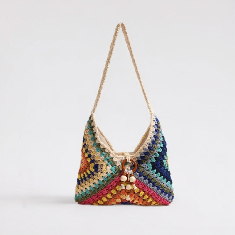 Ethnic Single Shoulder Cotton Thread Woven Bag Color Grandmother Grid Straw Bag Vacation Beach Bag Women Bag