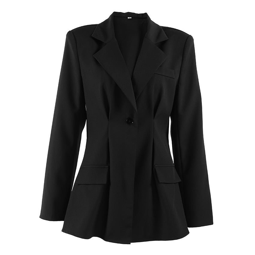 Autumn Winter Retro Black Elegant Slim Blazer Casual Tailored Collar Thin Top