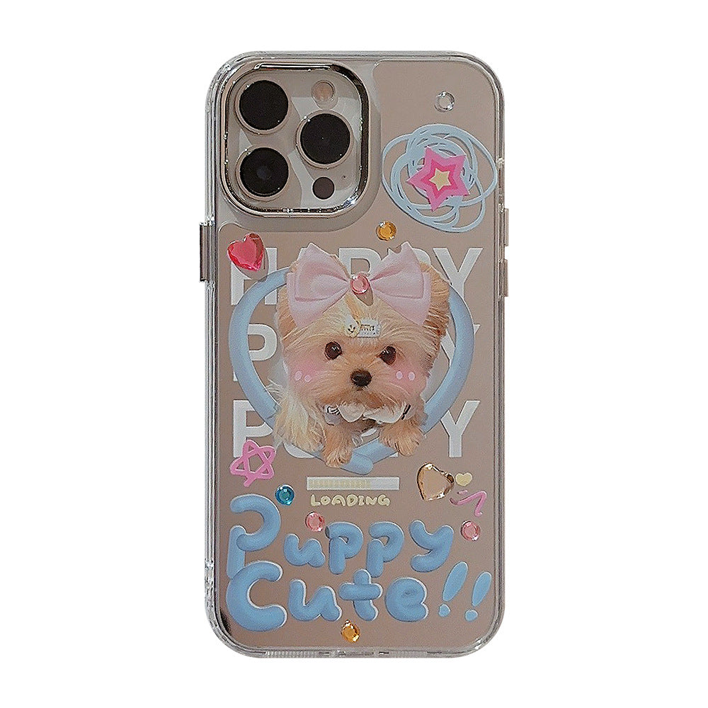 Funda para iPhone Dopamine puppy 17promax para iPhone 16 linda 13 espejo de maquillaje 15 calcomanía diamante