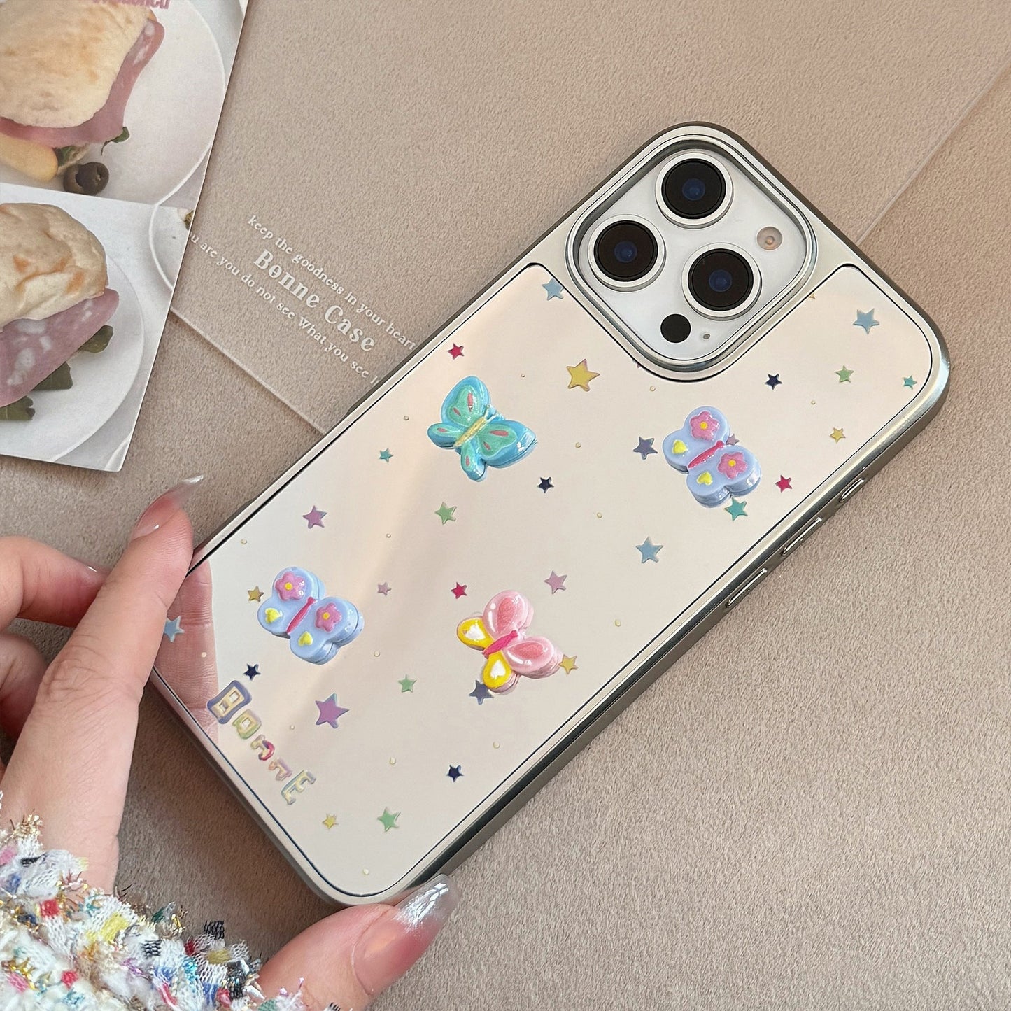 Mariposa tridimensional adecuada para funda de teléfono móvil Apple 15promax iphone17 galvanizado espejo 13 dulce 15 generación