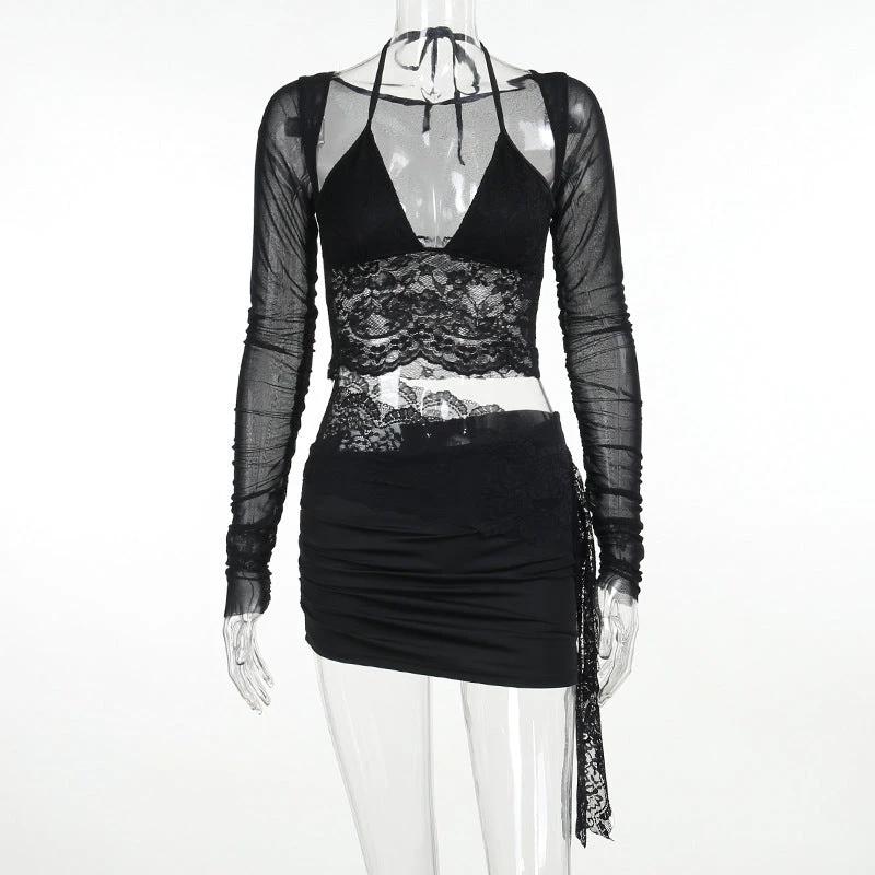 V-neck Lace Mesh Long Sleeve Cover and Cami Skirt Set