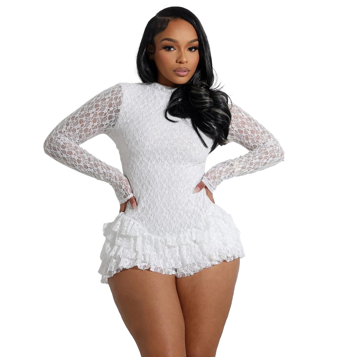 Women Clothing Sexy Lace Long Sleeve Shorts Wooden Ear Backless Jumpsuit
