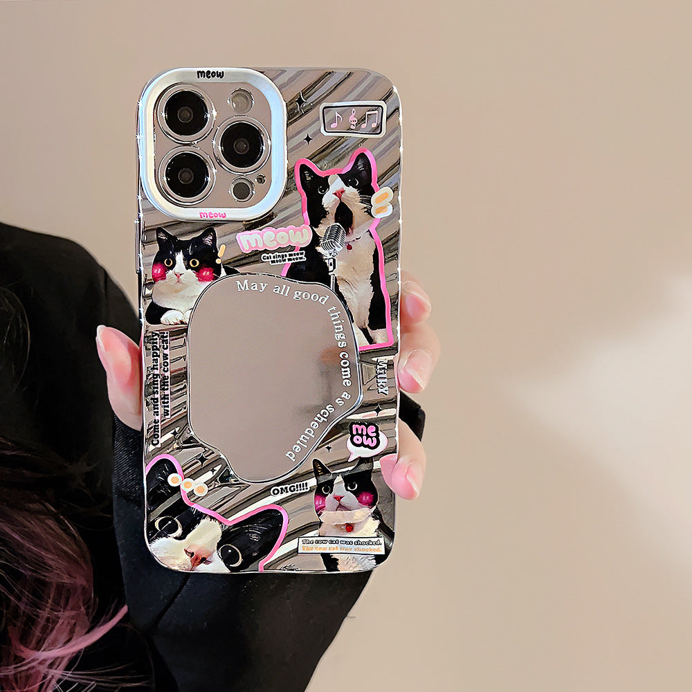 Divertida funda de móvil con gatito negro para iPhone 15, Apple 13, plateada galvanizada, espejo 17promax, carcasa rígida 16, 11