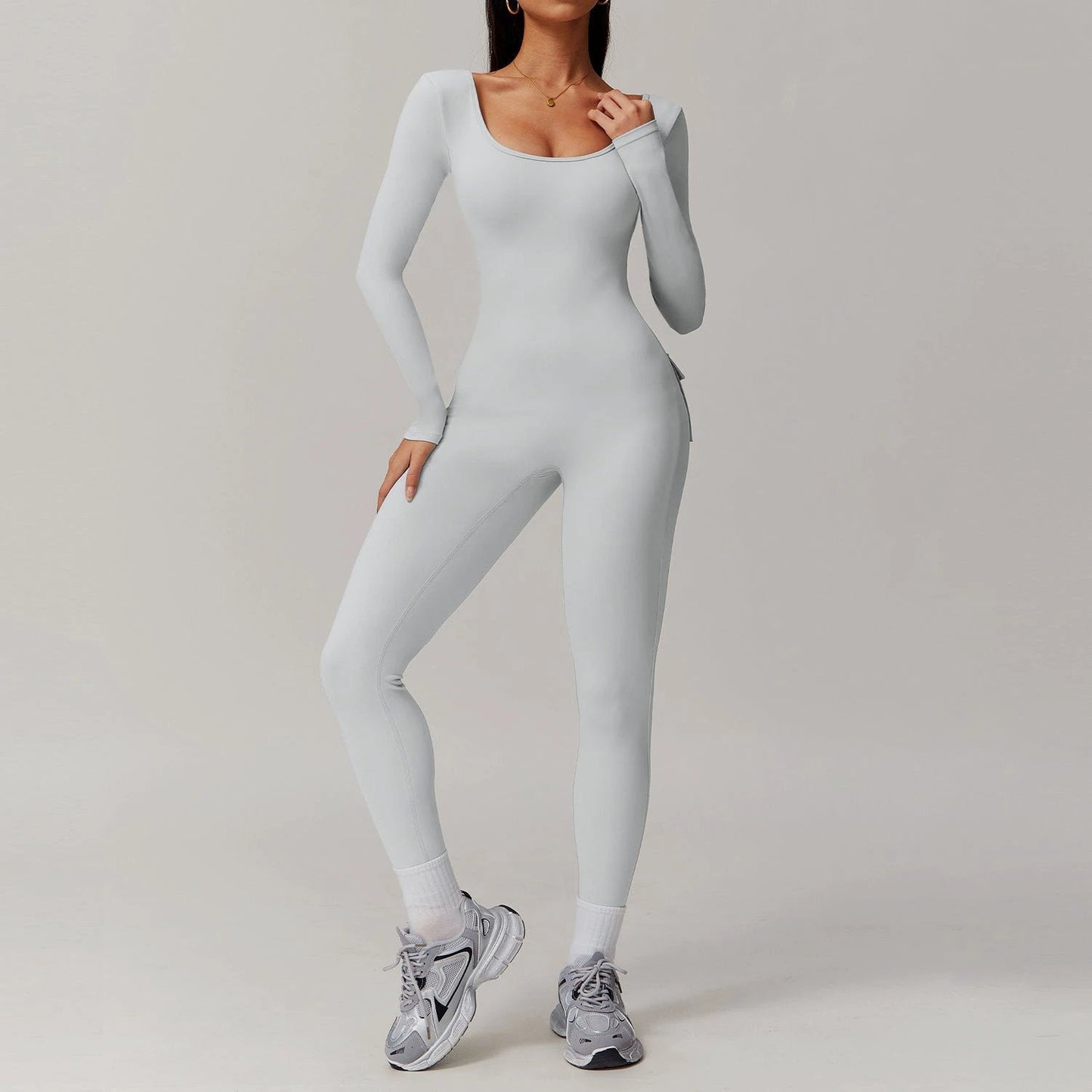 Long Sleeve Yoga Jumpsuit Back Pockets Scrunch bottom Backless