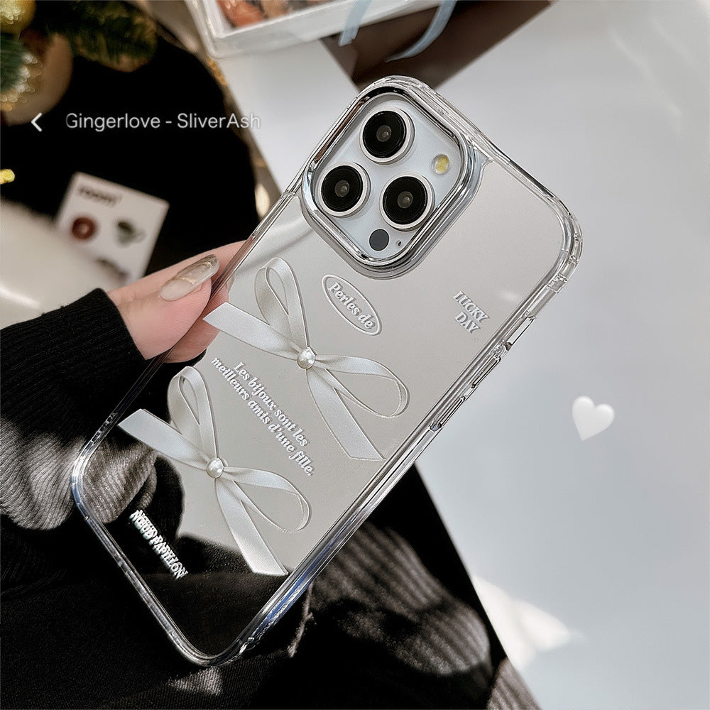 Superficie de espejo adecuada para funda de teléfono Apple 16Pro Max con lazo de perlas tridimensional para iPhone 15 con temperamento, antidaño 13, antidaño 17