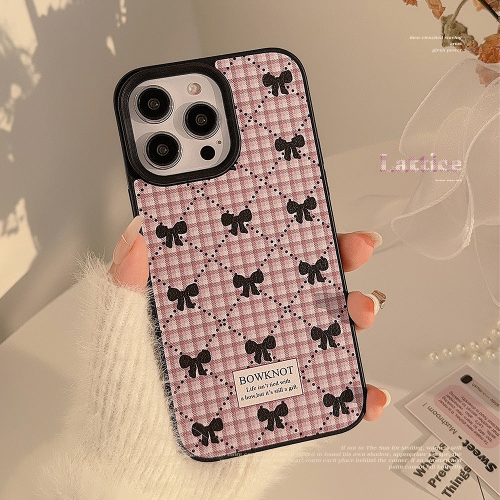Funda para teléfono a cuadros lazo coreano 16 Apple 17promax dulce 11 para iPhone 15 cuero 13 invierno