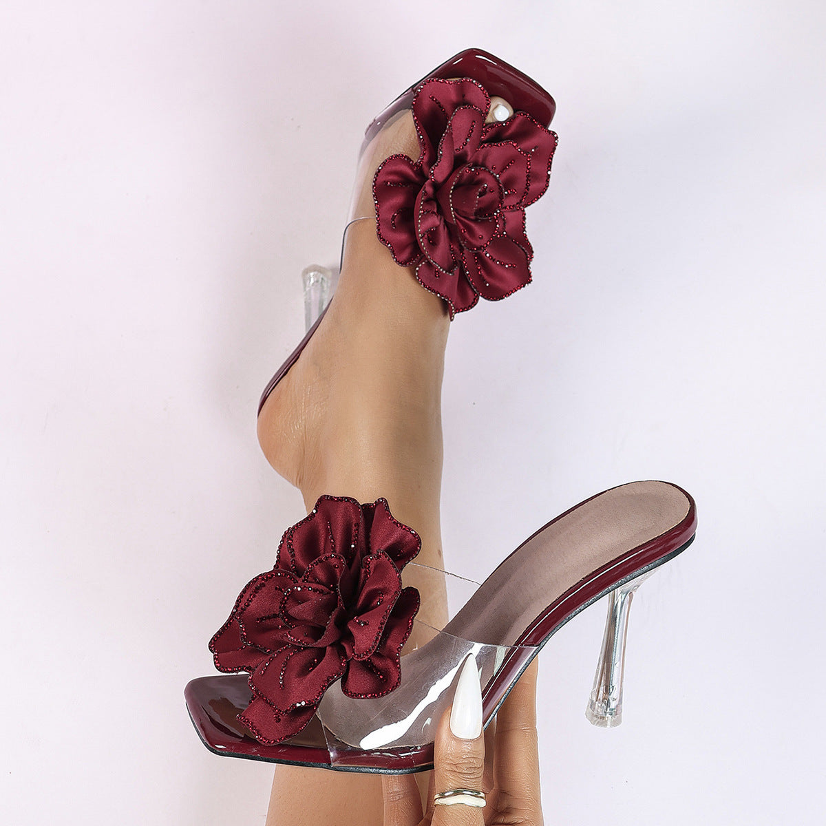 Plus Size Square Head Crystal High Heel Stiletto Open Toe Floral Rhinestone Little Fairy Sandals for Outer Wear