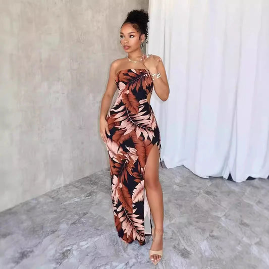 Vestido Largo Sin Tirantes con Estampado Floral y Abertura Alta