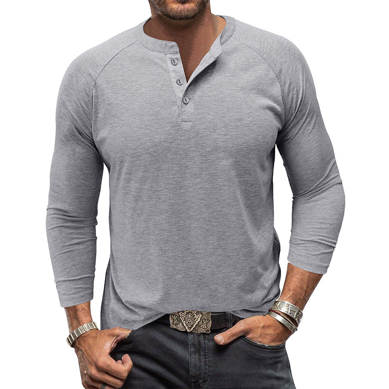 Camiseta de manga larga con cuello redondo Henley de color liso para hombre