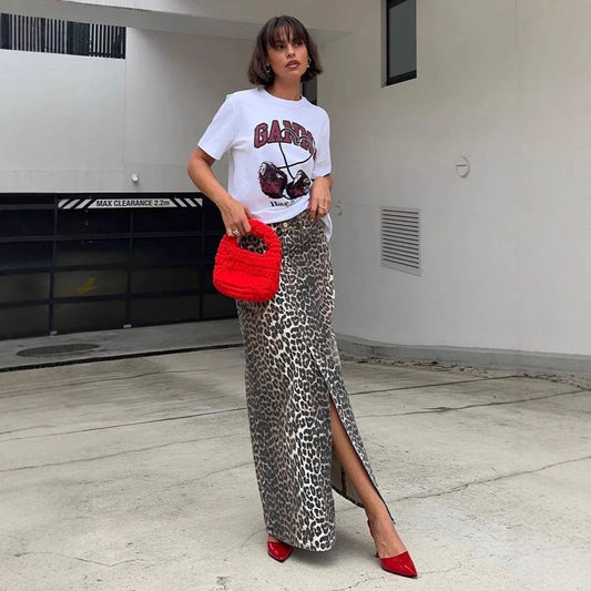Falda recta tobillera con estampado de leopardo