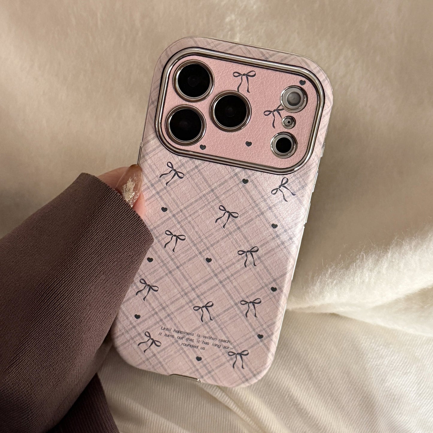Applicable to Apple 17promax mobile phone case iphone16 leather plaid bow 15 retro 13 soft 12 all-inclusive