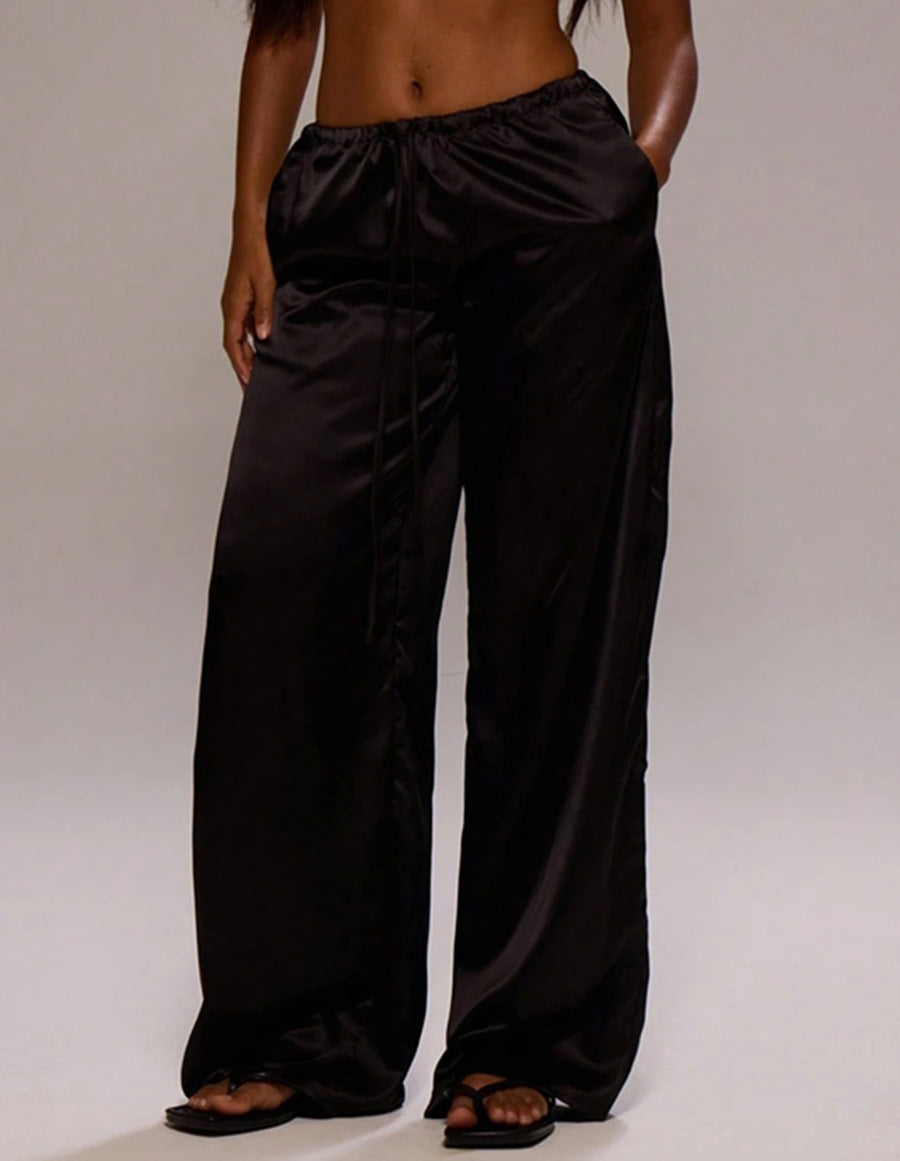 Women Clothing Trendy Autumn Satin Satin Casual Pants Loose Wide Leg Drawstring Long Pants