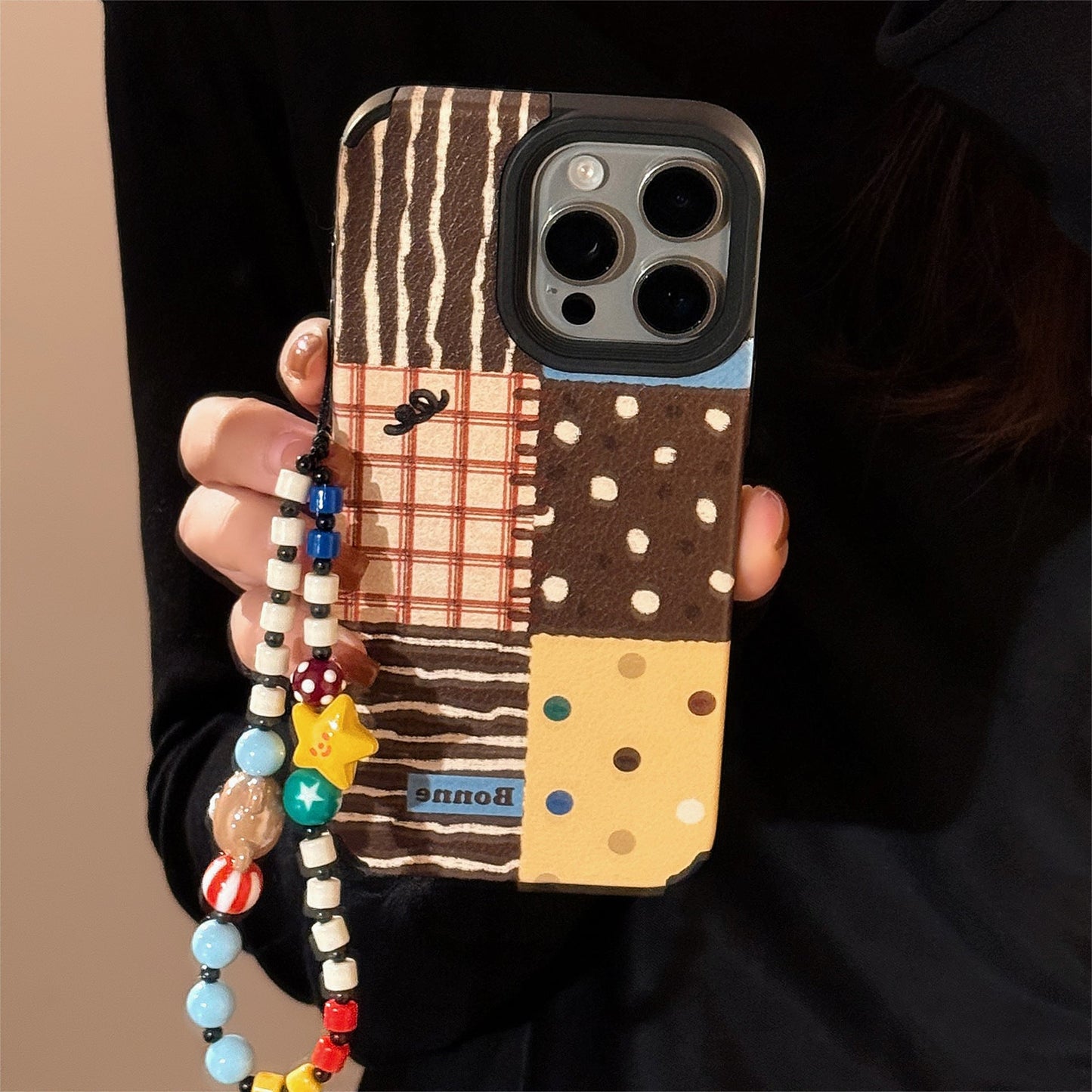 Funda de piel para iPhone 16 Apple 17 con empalme de lunares retro 15Pro Max 14 con cordón 13