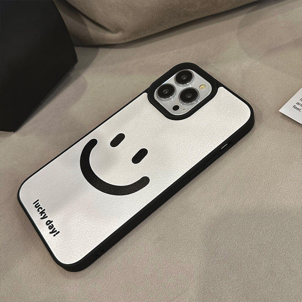 Funda de teléfono Apple con cara sonriente de cura mínima 17promax patrón de cuero 11 adecuada para iPhone16 sentido avanzado 15 anti-caída