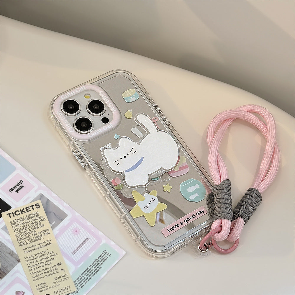 Foodie cat holder for 16ProMax Apple 15 mobile phone case iPhone17 hand strap 12 cute 11 mirror