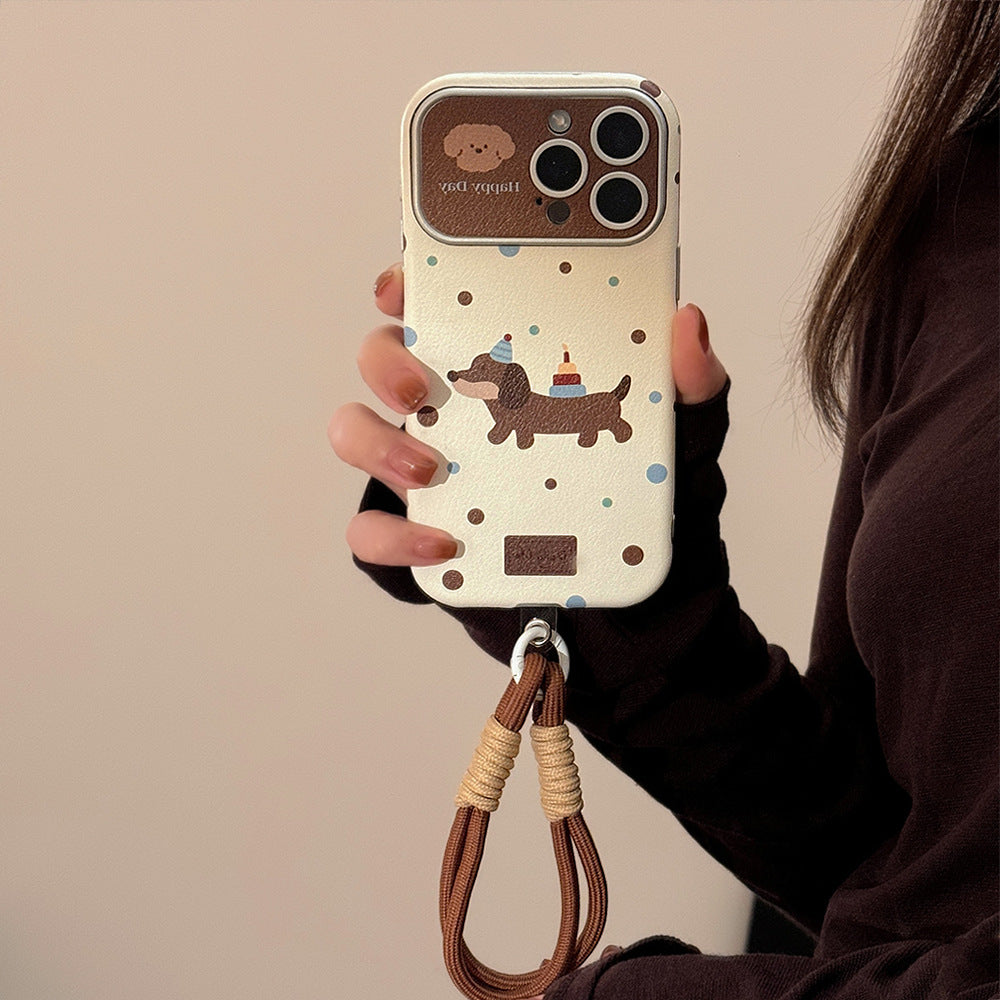 Funda de piel ins dachshund para iPhone 16 Pro Max 15 Apple 17 con correa de mano retro y cubierta blanda