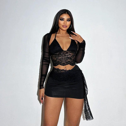 V-neck Lace Mesh Long Sleeve Cover and Cami Skirt Set