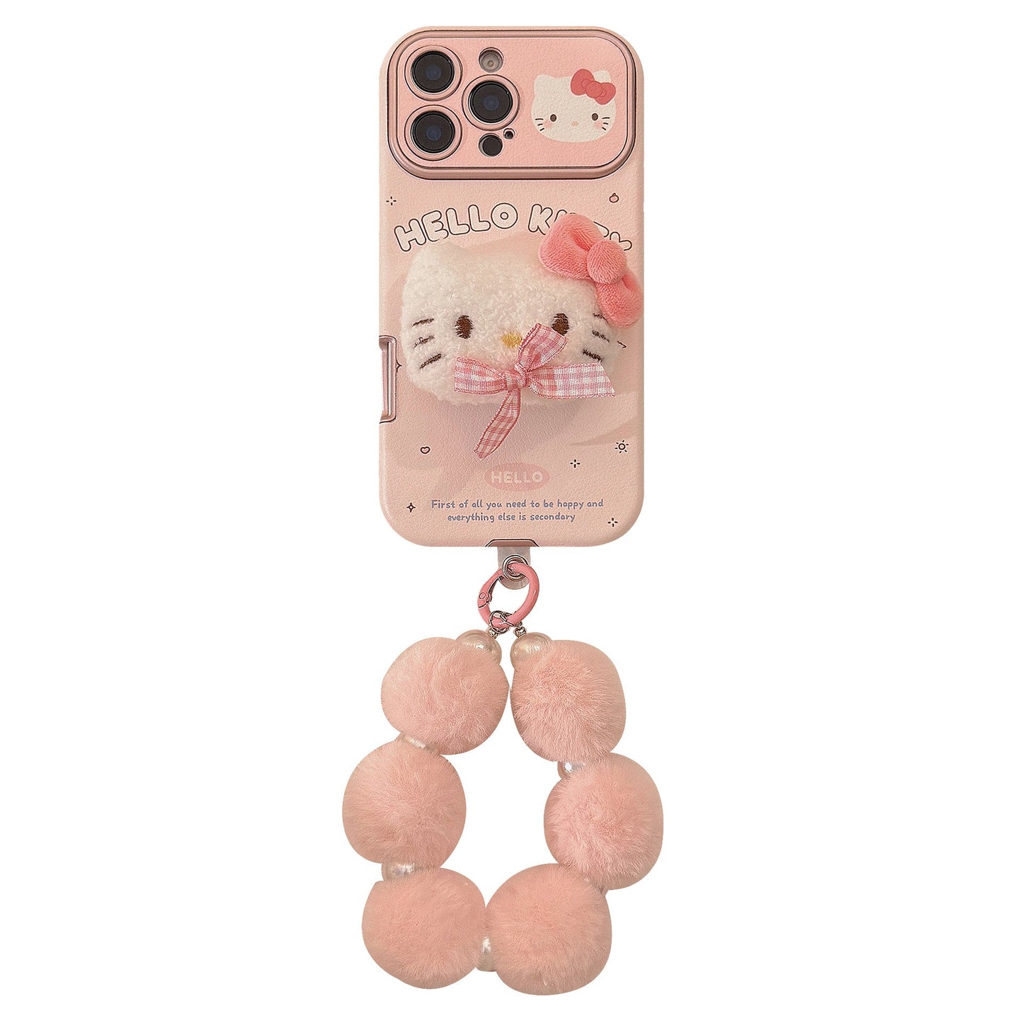 Bonita funda de cuero para iPhone 16promax de gato con lazo rosa, con pulsera de Apple 15 tridimensional, 14, 17