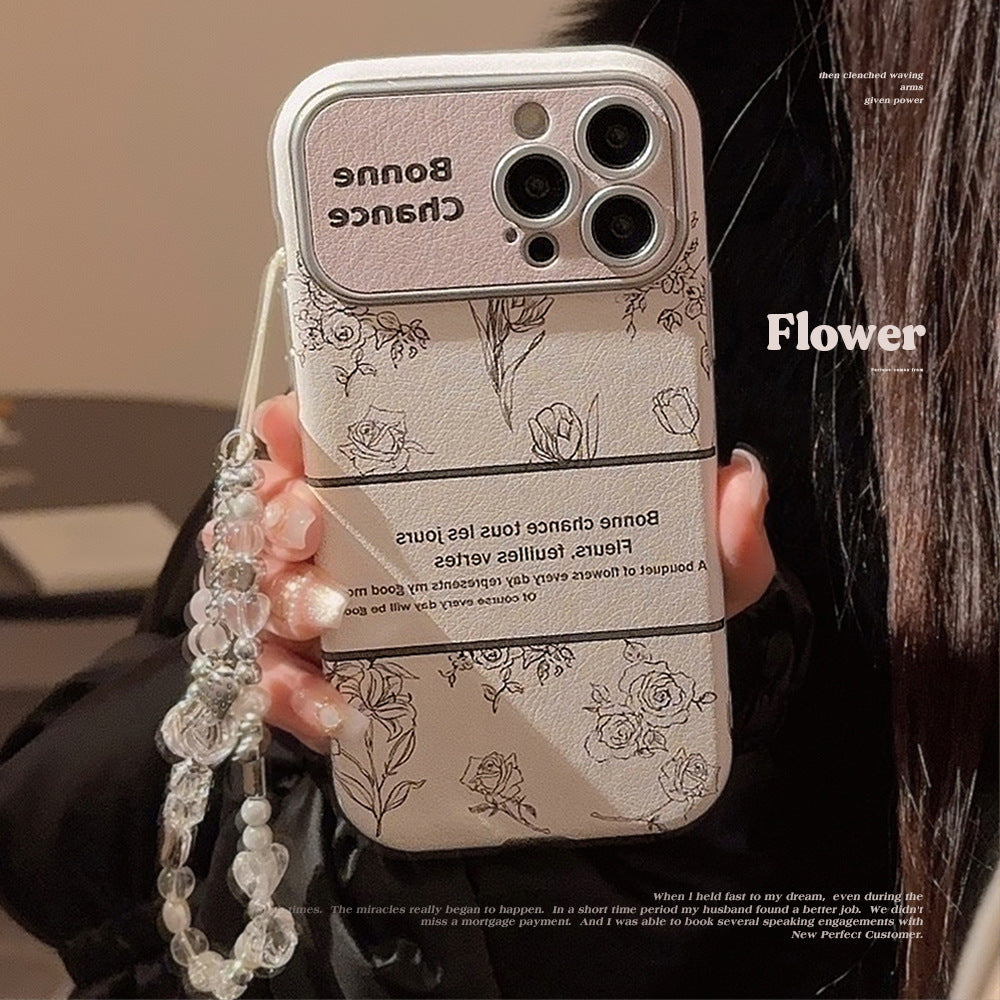 Funda de cuero con diseño de flor de rosa para iPhone 16 Apple 15, funda para móvil 13promax, estilo 17, con cordón de cristal 12