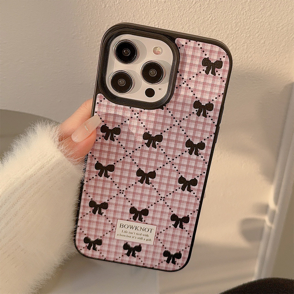 Funda para teléfono a cuadros lazo coreano 16 Apple 17promax dulce 11 para iPhone 15 cuero 13 invierno