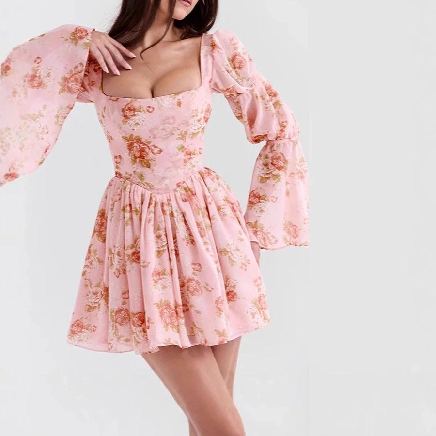 Floral Printed Pleated Long Bell Sleeve Short Dress