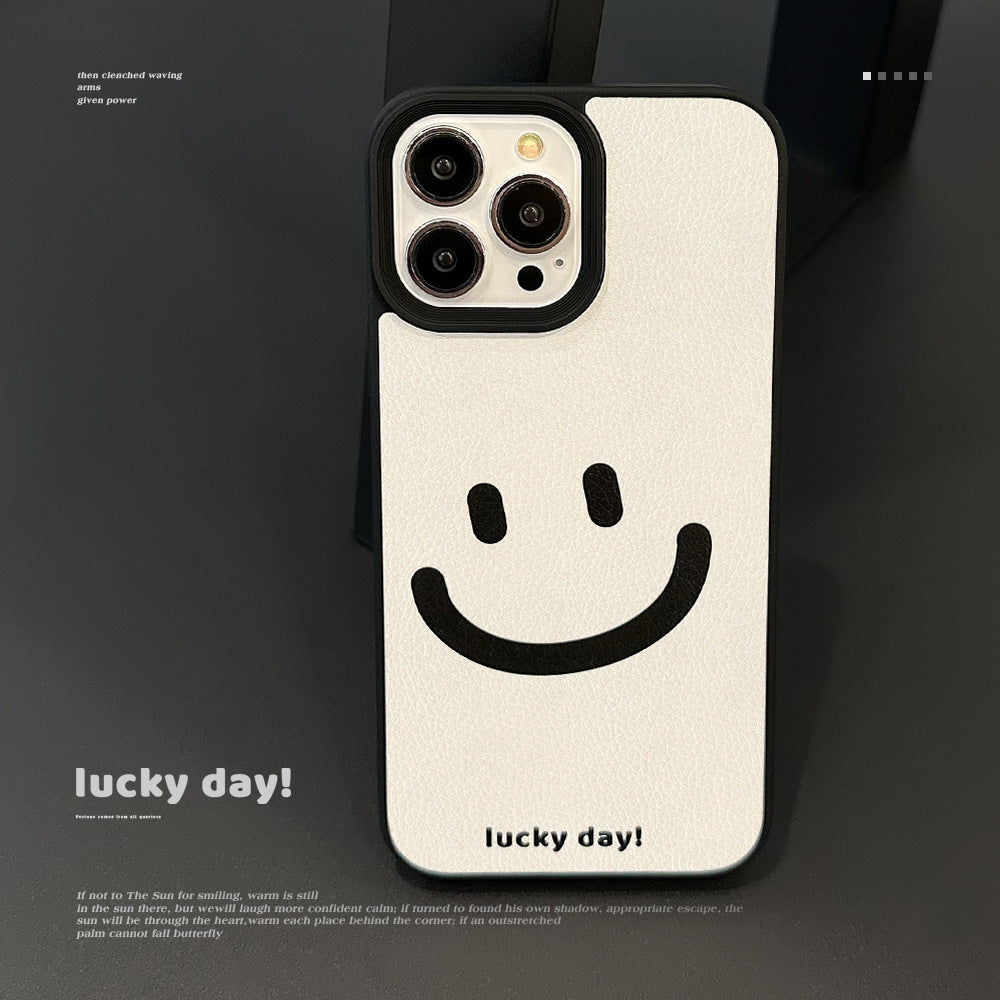 Funda de teléfono Apple con cara sonriente de cura mínima 17promax patrón de cuero 11 adecuada para iPhone16 sentido avanzado 15 anti-caída