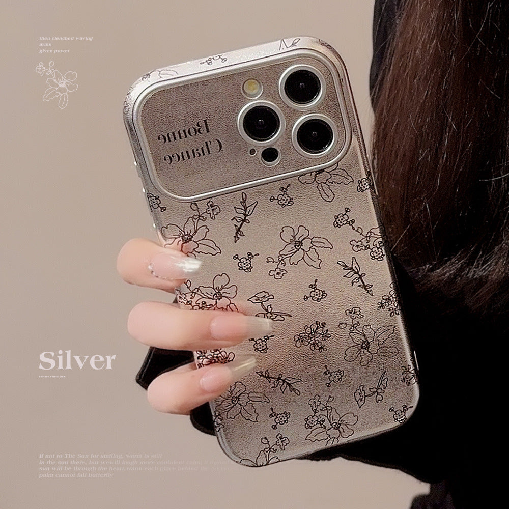 Funda para móvil iPhone 16 con dibujo de flor, iPhone 15, 13 Pro Max, de cuero plateado, 17 con sensación prémium, 12 coreana.