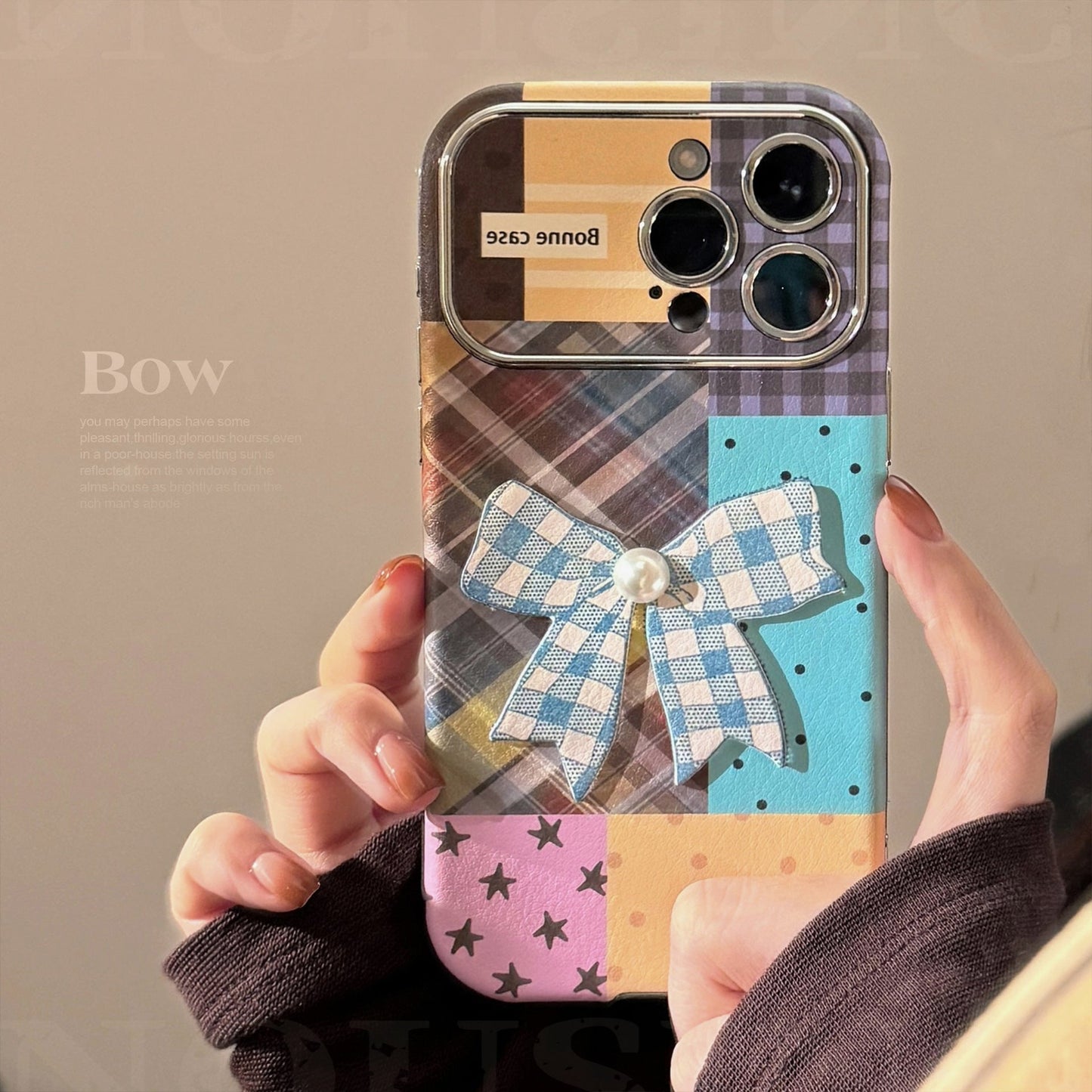Aplicable a la funda de iPhone 16 iPhone 17promax empalme a cuadros de color 15 lazo tridimensional 13 cuero