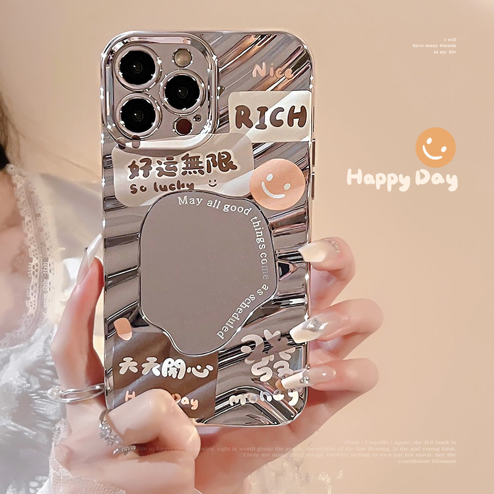 Funda para iPhone 17 Pro Max compatible con iPhone 14, 13, 16, electrochapada, espejo, dura, texto "Hazte rico y buena suerte".