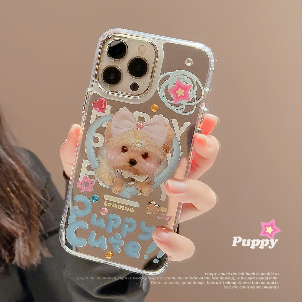 Funda para iPhone Dopamine puppy 17promax para iPhone 16 linda 13 espejo de maquillaje 15 calcomanía diamante