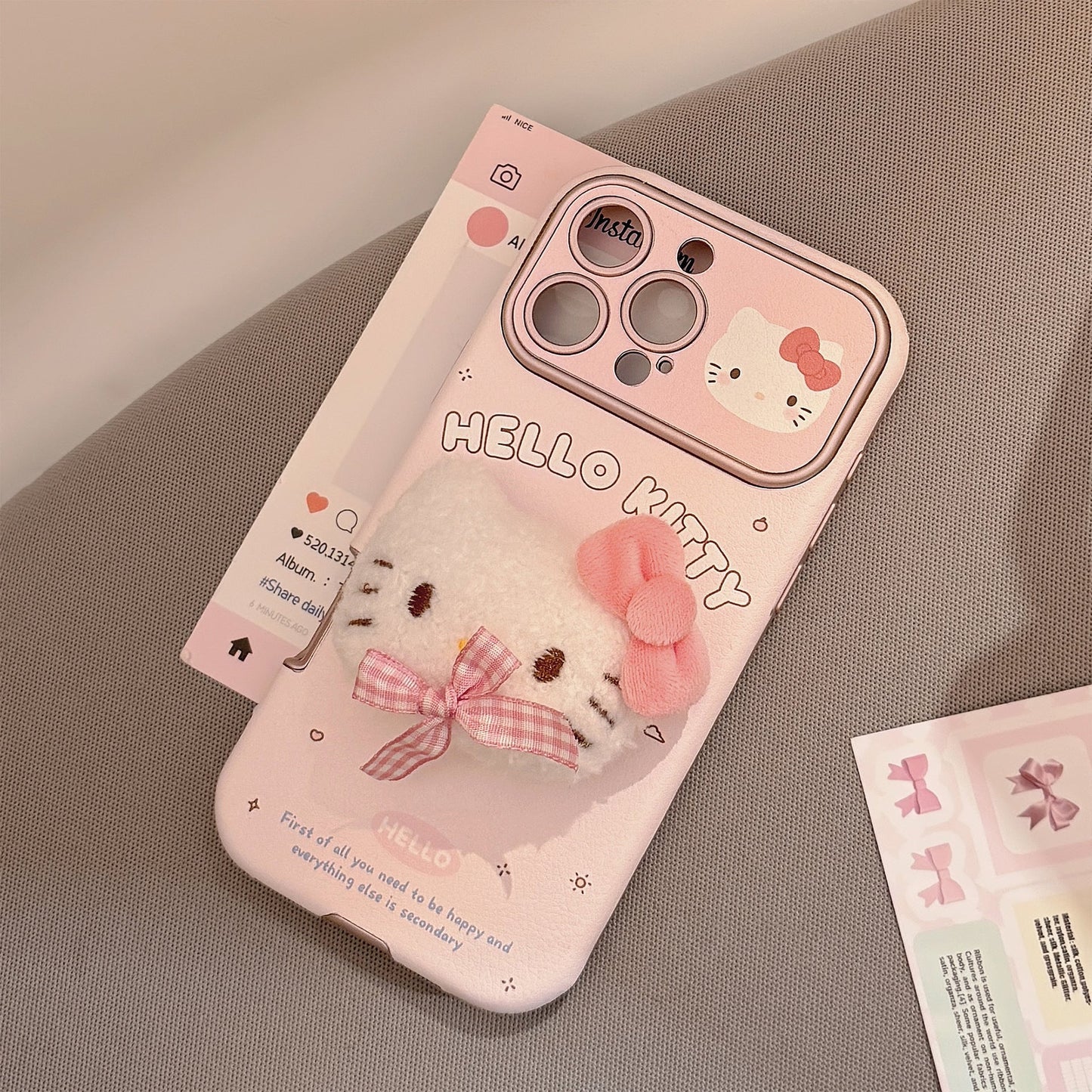 Bonita funda de cuero para iPhone 16promax de gato con lazo rosa, con pulsera de Apple 15 tridimensional, 14, 17