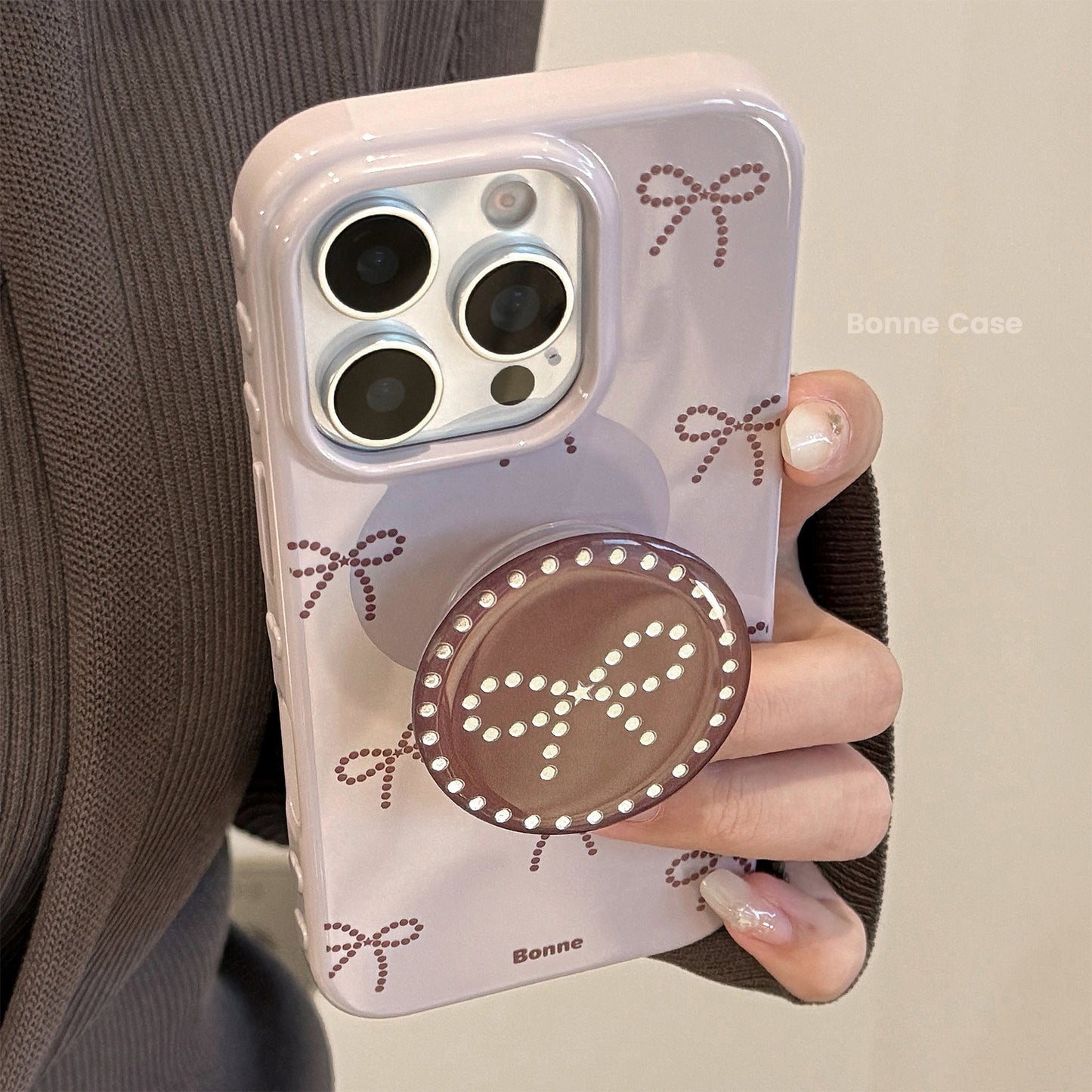 Funda de móvil ins viento lazo gris morado manzana 17pro max iphone15 adecuada para 14 soporte dorado 16 blando