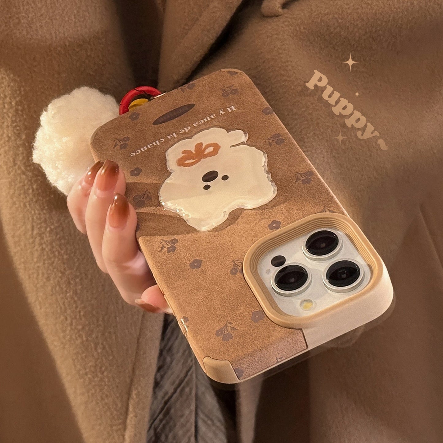 Parche de cachorro tridimensional cortical para funda de iPhone 16, iPhone 17promax, retro 15, pompón 13