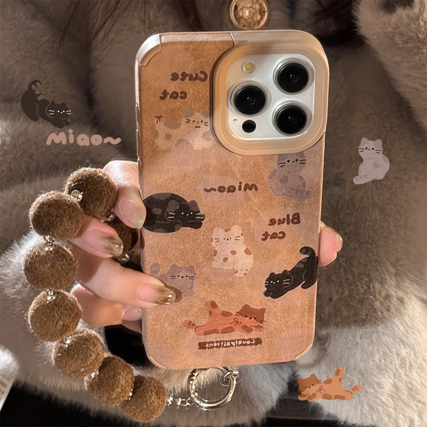 Funda de piel para iPhone 16promax de dibujos animados, funda para iPhone 15 de pantalla completa de gato, cuerda de felpa 14, 17 otoño e invierno