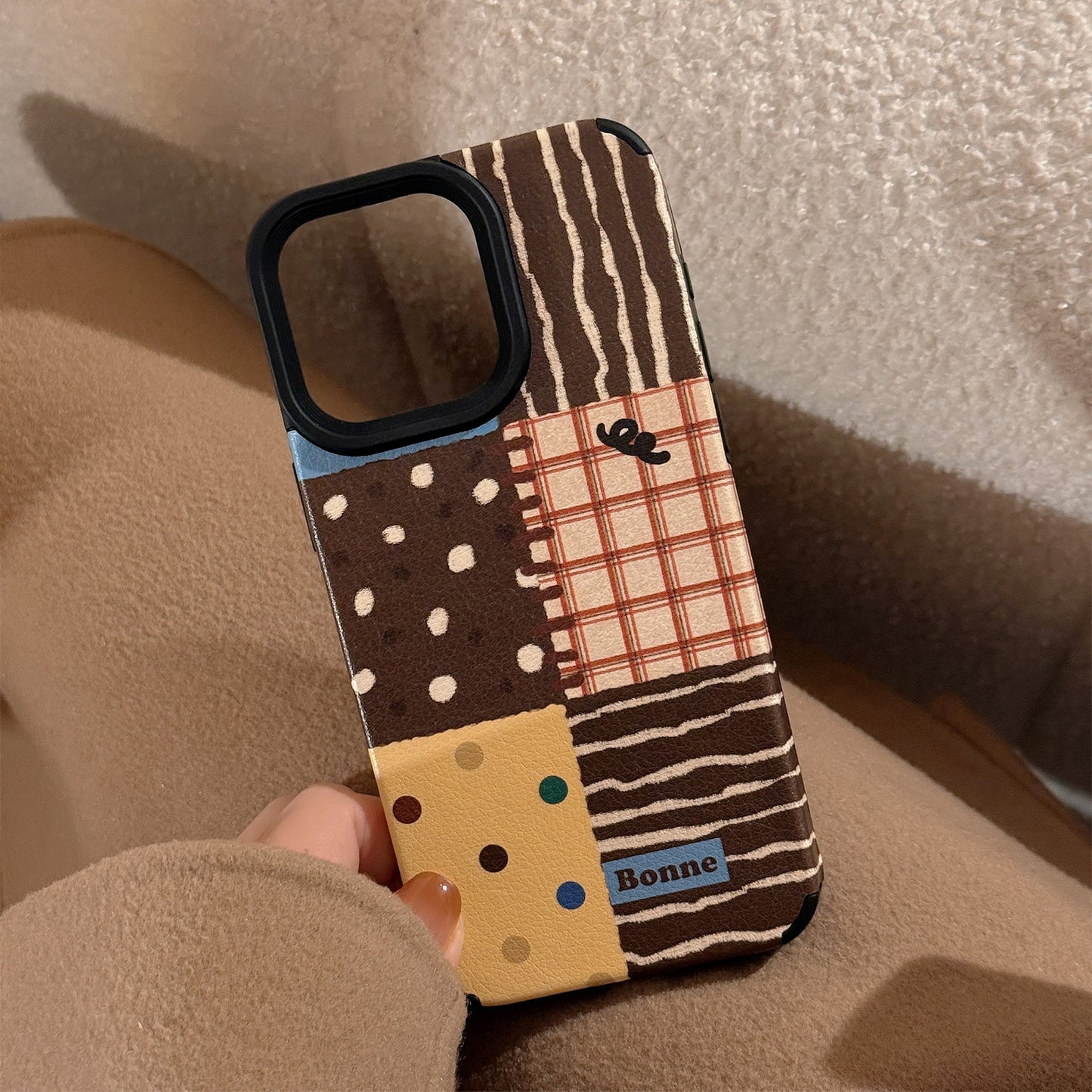 Funda de piel para iPhone 16 Apple 17 con empalme de lunares retro 15Pro Max 14 con cordón 13