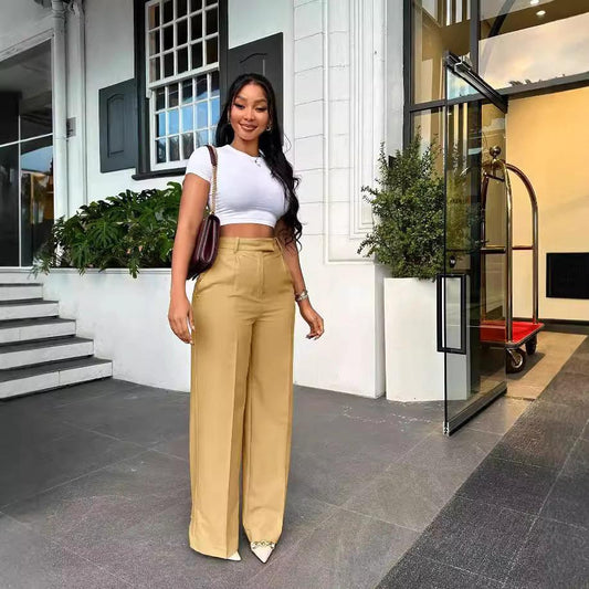 Pantalón de mujer de talle alto y pierna recta ancha