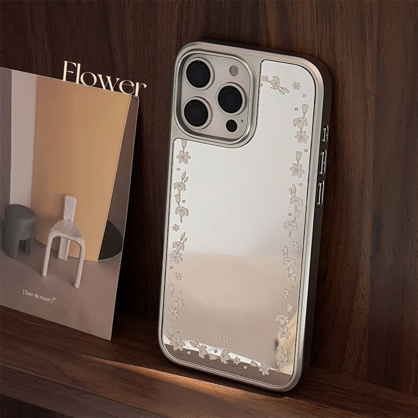 Borde plateado galvanizado para funda de móvil iPhone 15 Pro Max de 16, flor de lirio literaria 13, espejo duro.