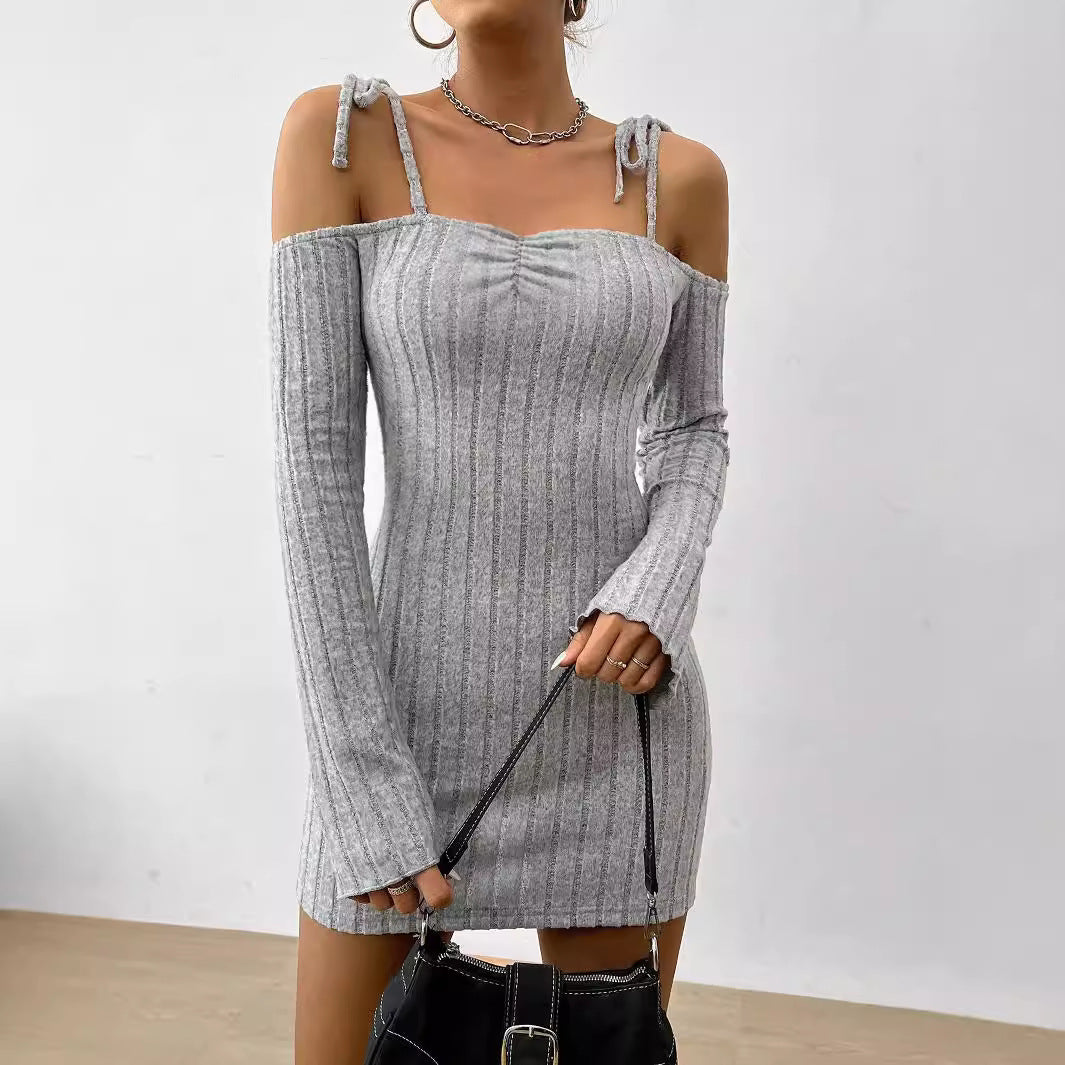 Women Clothing Adult Lady like Woman Lightly Mature Strap Sling Dress Autumn Winter Boat Collar Elegant Slim Fit