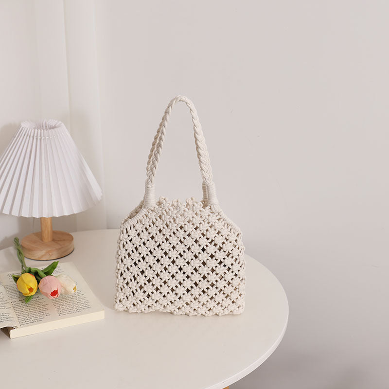 Hollow Out Cutout Cotton Thread Woven Bag Summer Cotton String Women Bag Portable Solid Color Straw Bag Vacation Beach Bag