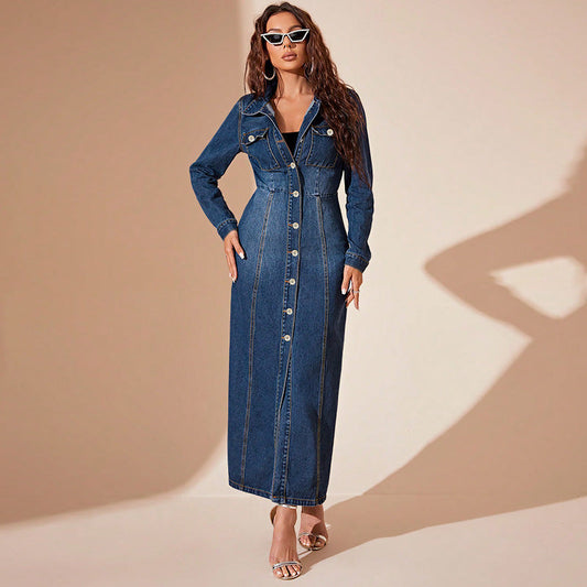 Women Clothing Denim Button Cardigan Coat Dress
