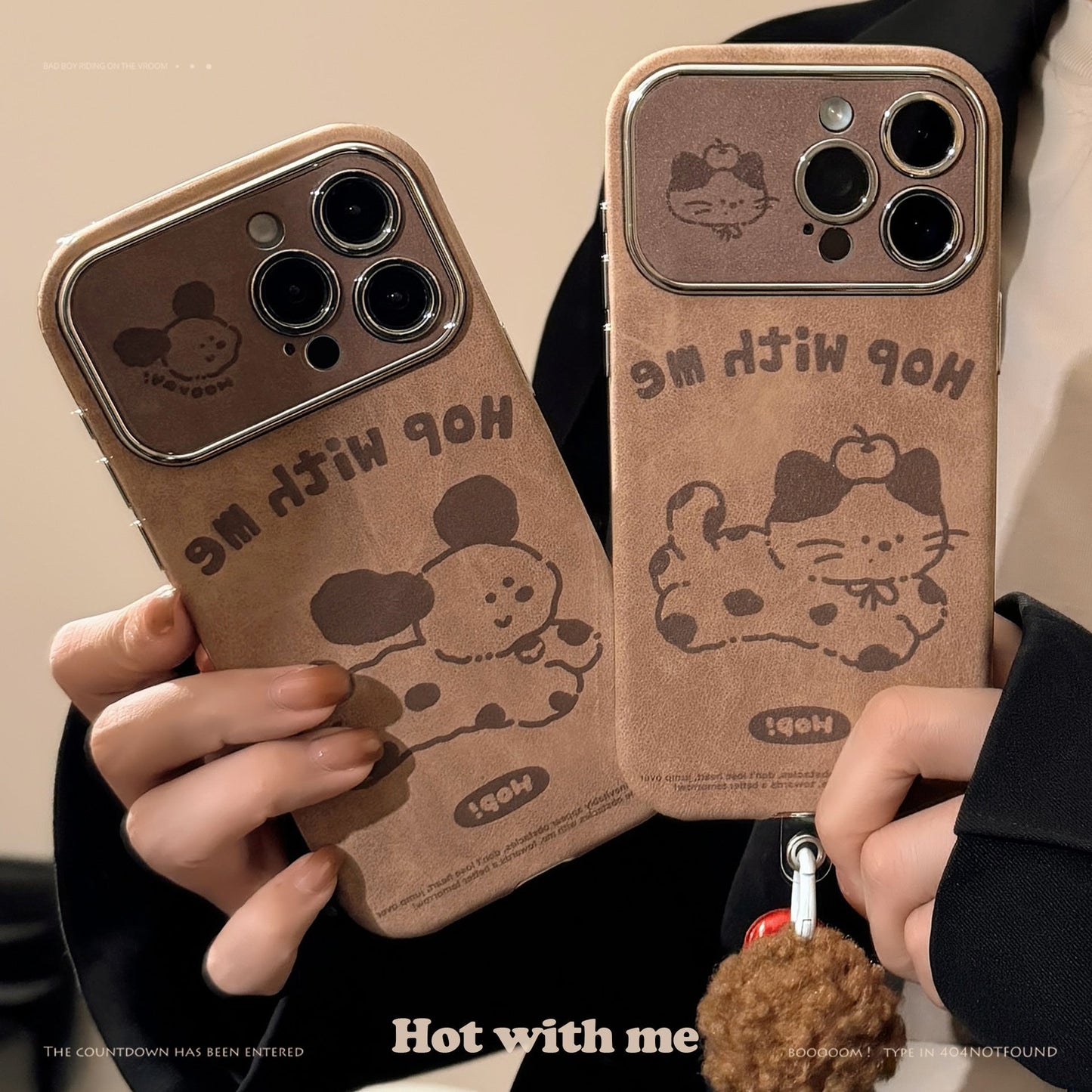 Funda de iPhone de dibujos animados marrones para iPhone 16, gamuza 15promax, cuerda con pompones 14, pareja de otoño e invierno 17