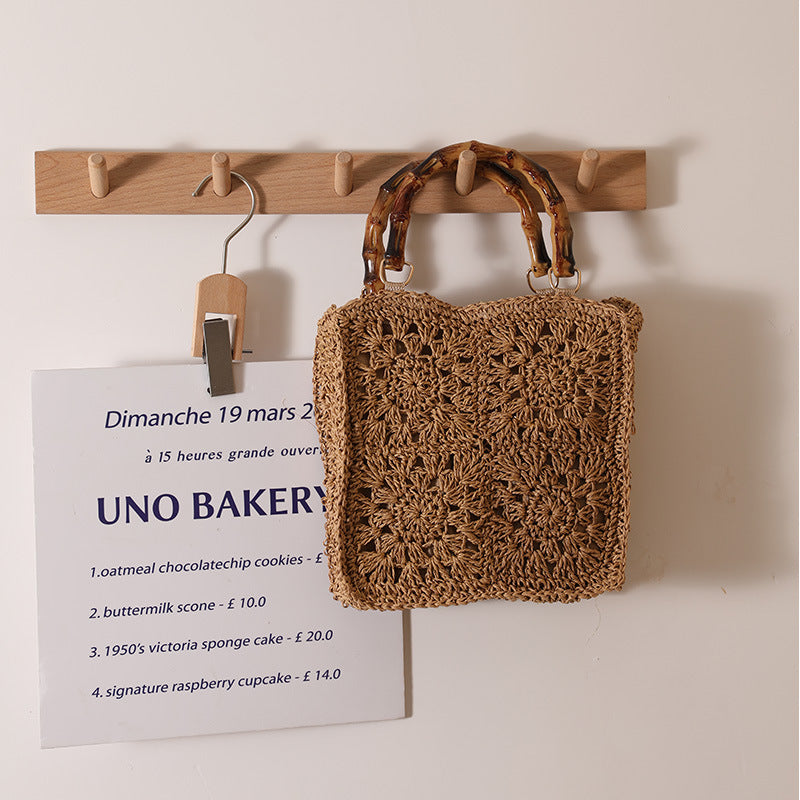 Bamboo Handle Straw Bag Paper String Square Crocheted Women Bag Fresh Casual Woven Bag Beach Bag