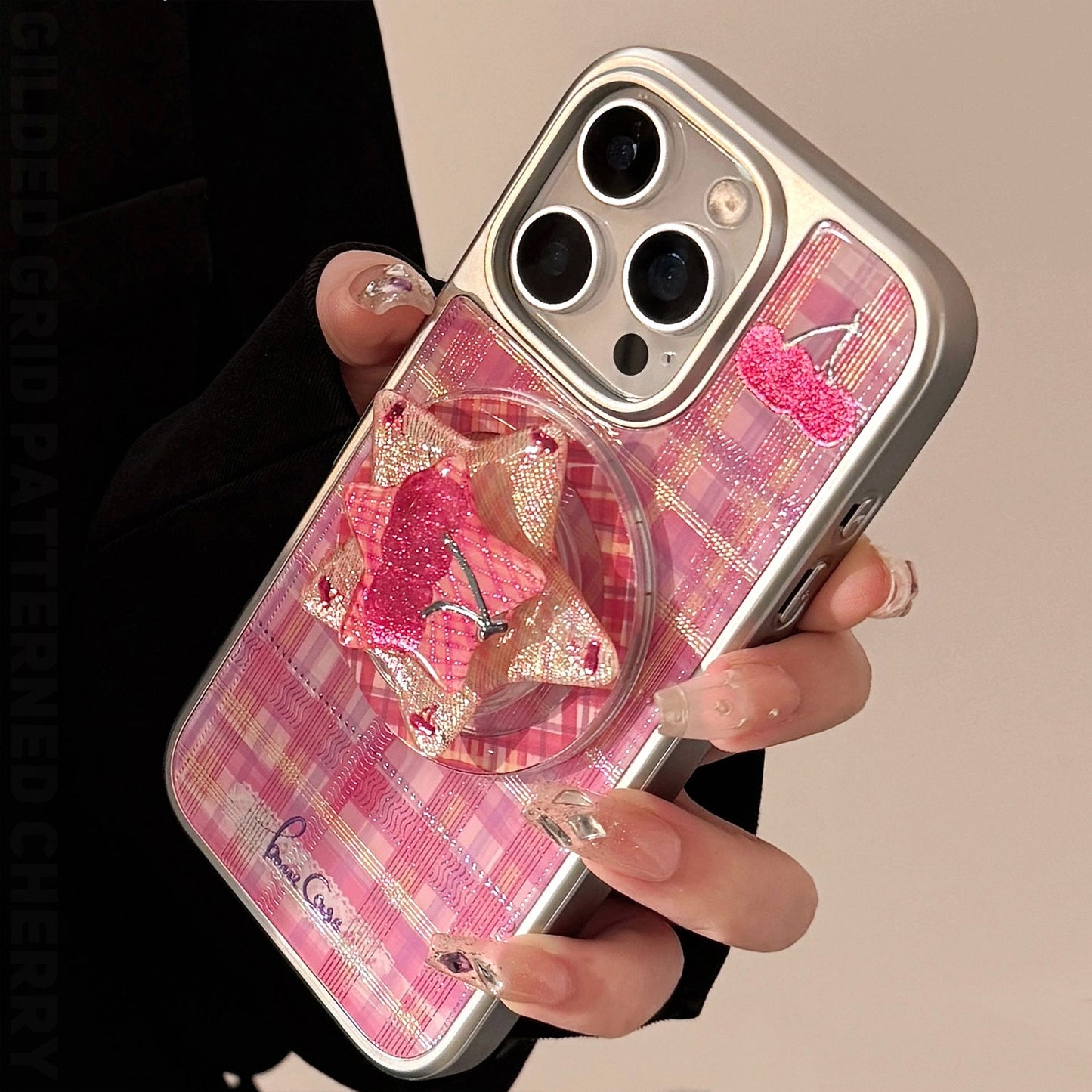 Funda dorada para teléfono Apple 16promax a cuadros rojos cereza iphone15 galvanizado 14 para dulce y cool 17 Huawei
