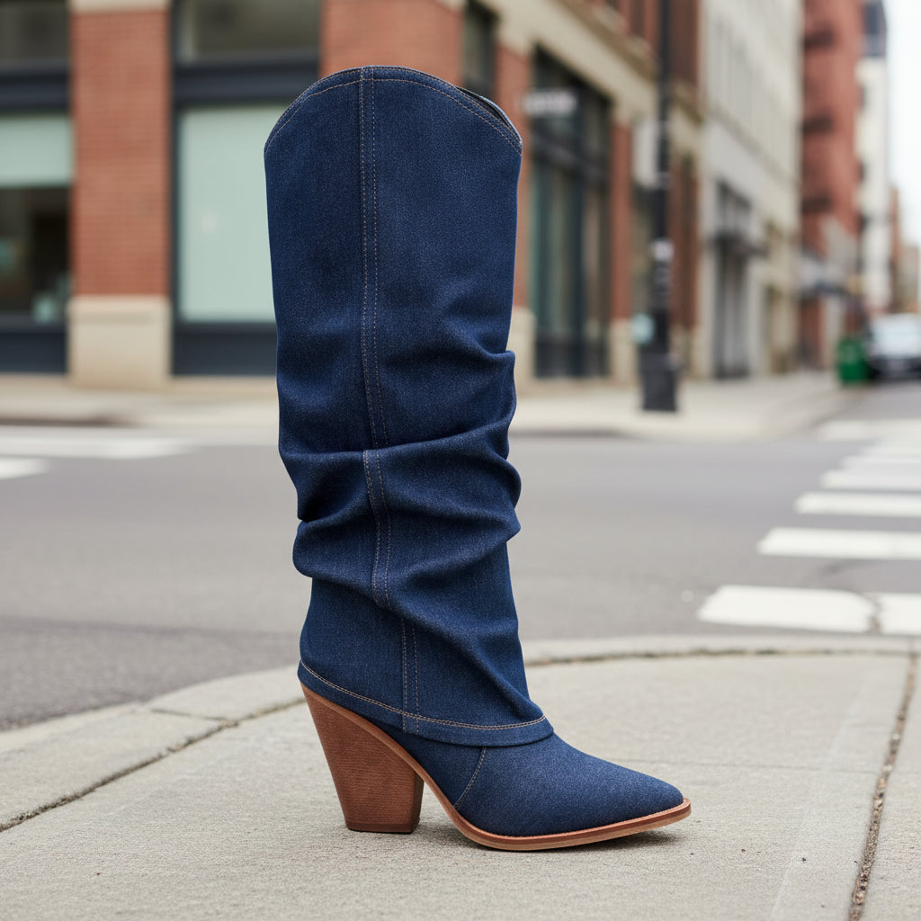 Botas altas de tubo con tacón grueso y punta fina estilo vintage — Tacones llamativos