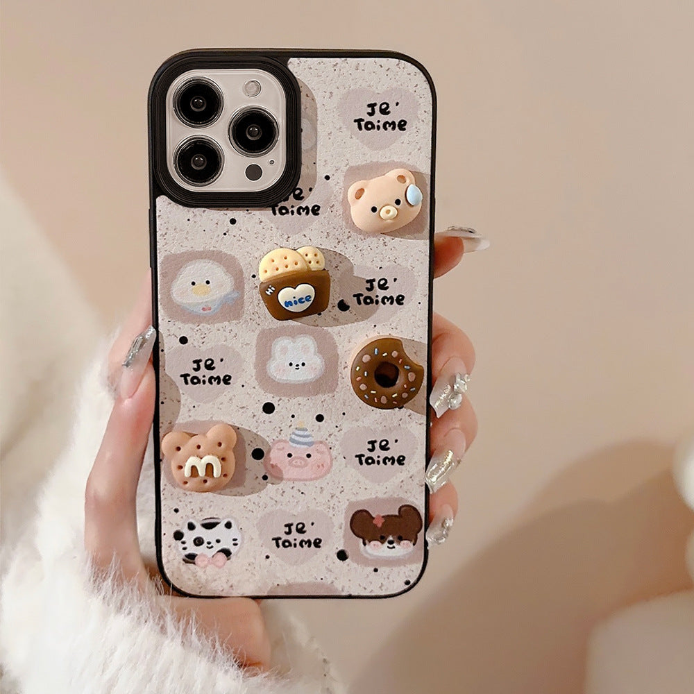 Funda de móvil linda de oso Apple 16, patrón de cuero 17promax 15, adecuada para iPhone 13, galletas tridimensionales 11 otoño